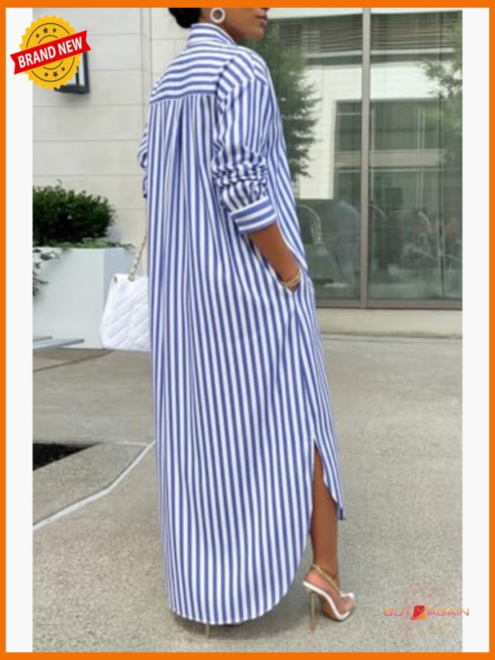 Cotton Striped Button Down Maxi Dress with Pockets - Picture 3 of 7